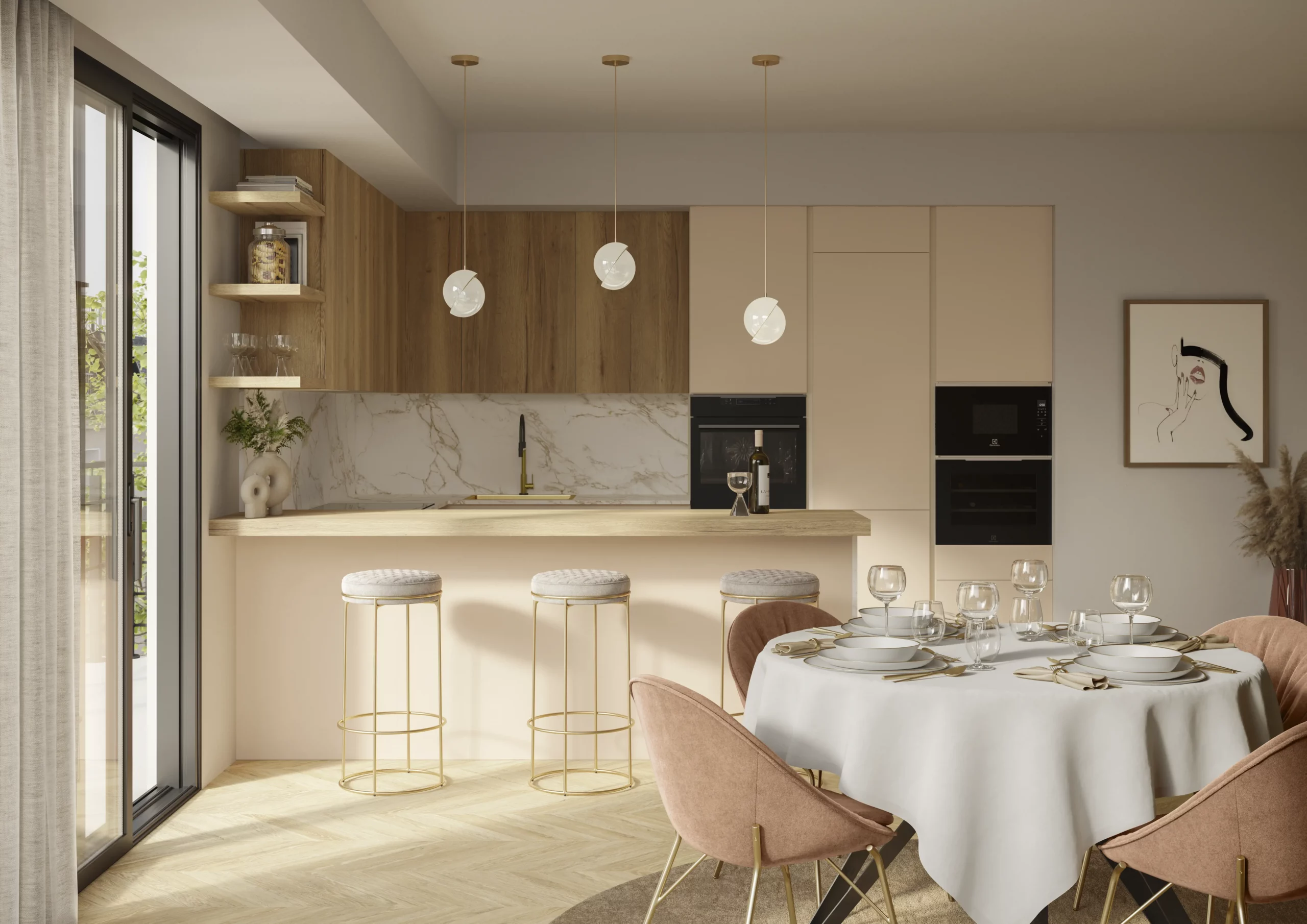 Cucina con penisola usata come zona conviviale aperta sul living, in stile home restaurant