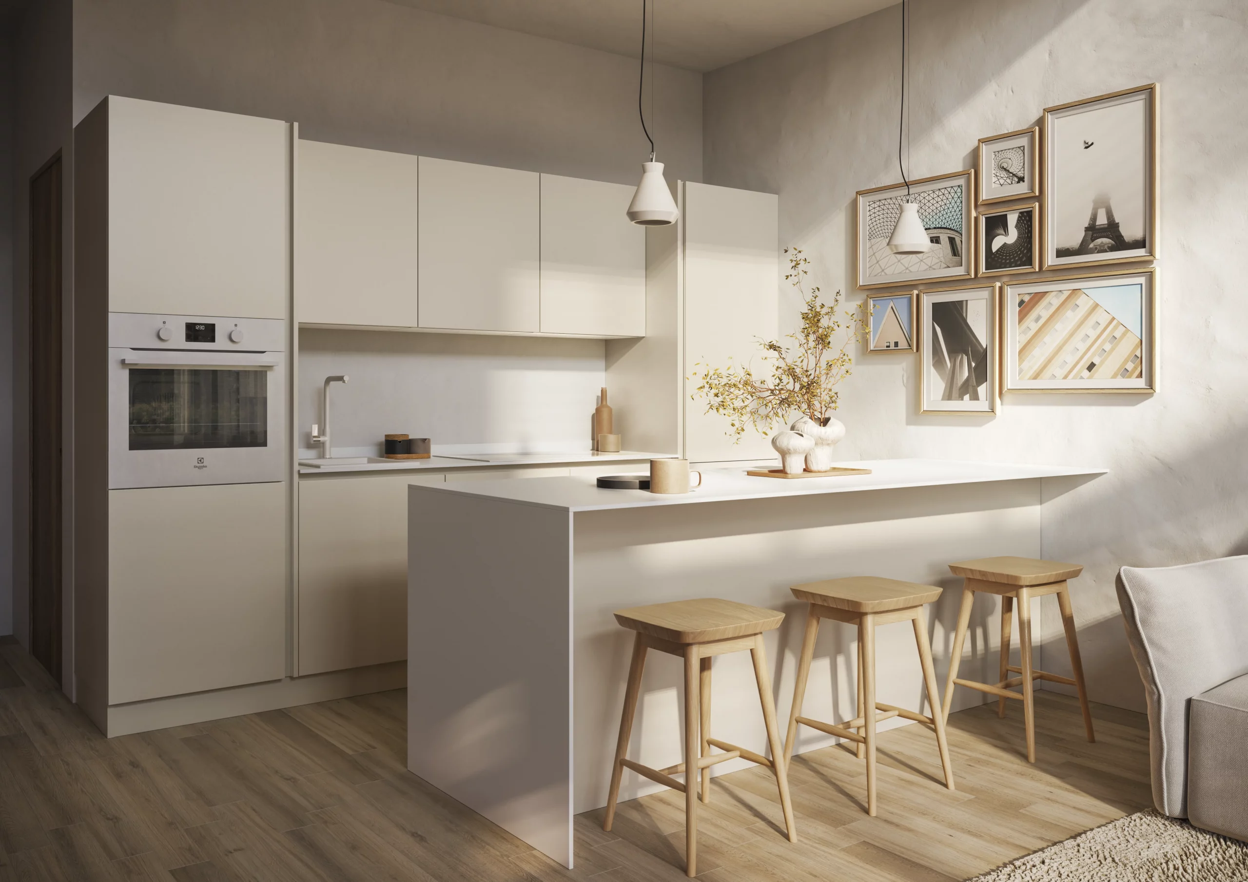 Cucina con penisola Nordica bianca, ante Orzo a gola e bancone snack, stile nordic-chic