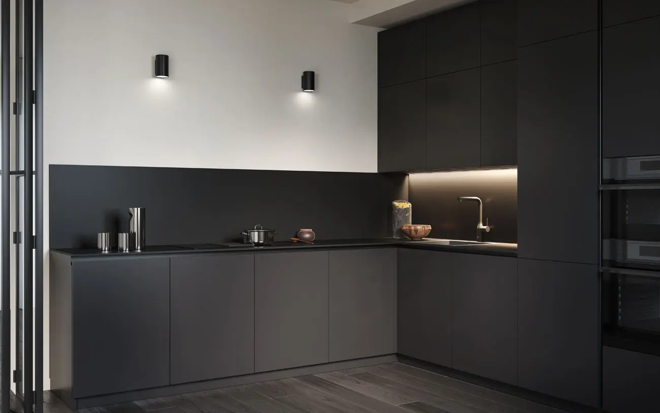 Cucina nera con anta a gola