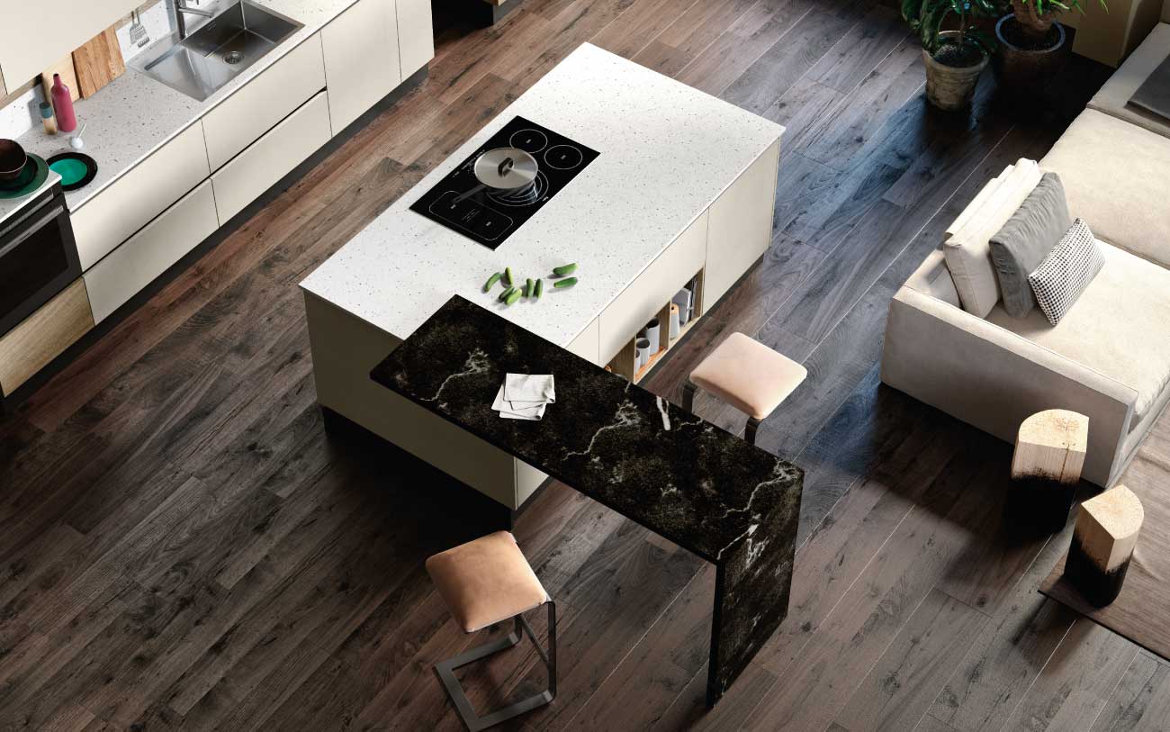 Open space con cucina moderna con isola