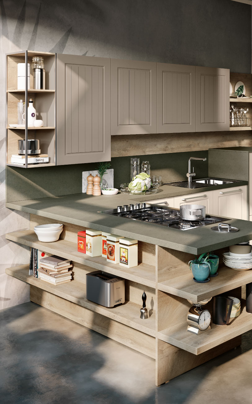 DM0626 immagine cucina con penisola particoalare libreria