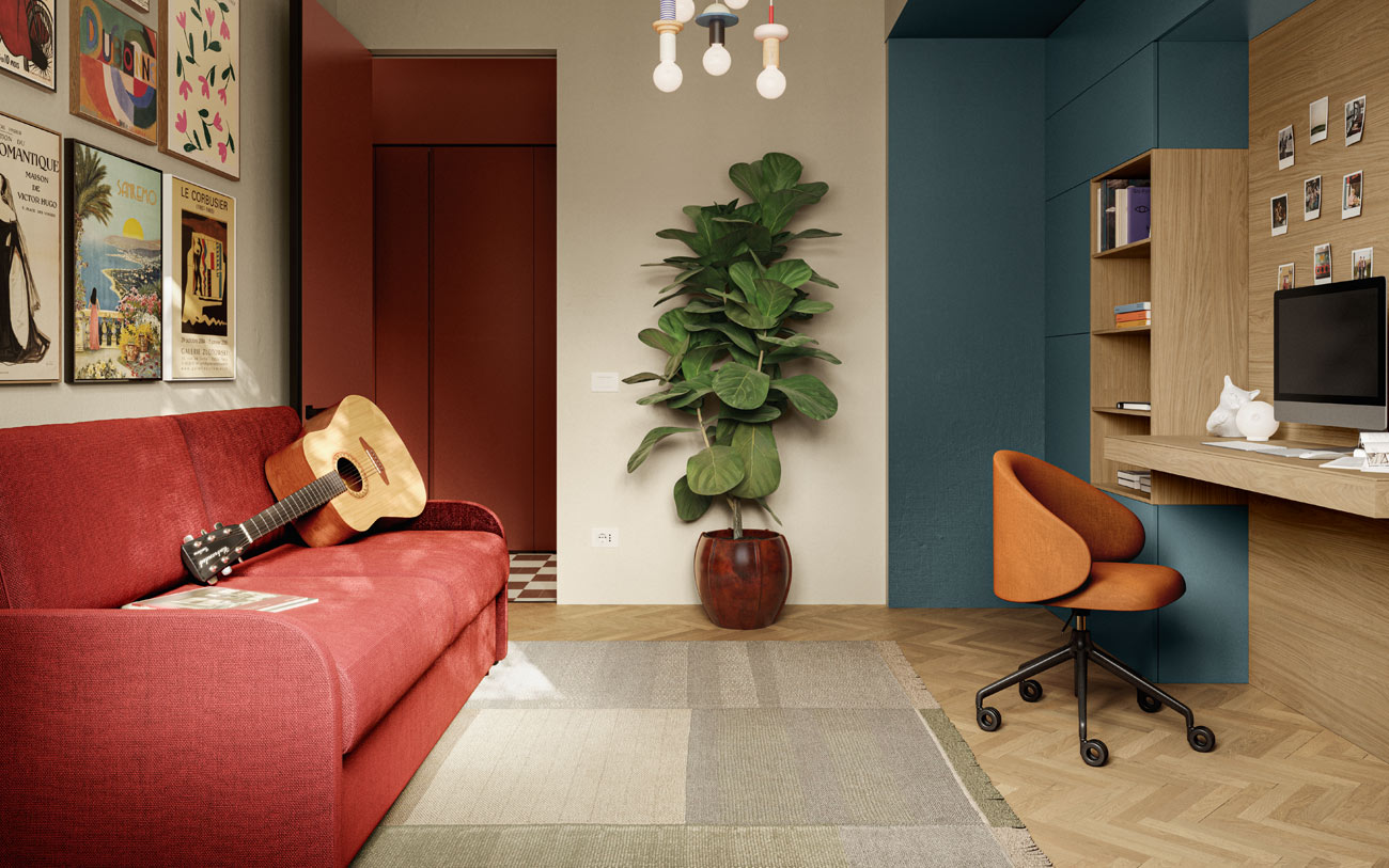 Divano letto in tessuto rosso inserito in uno stanza studio