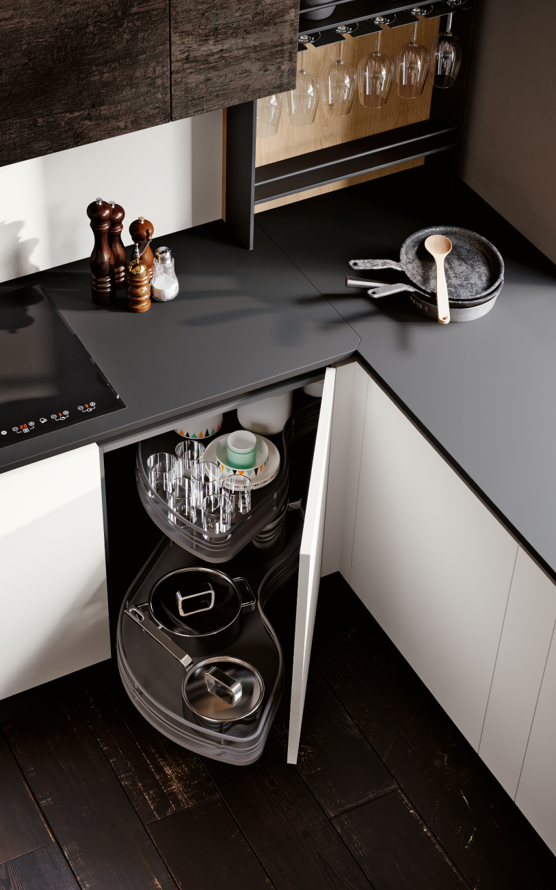 dm0684 Cucina con penisola in PET vista alto base con fly moon