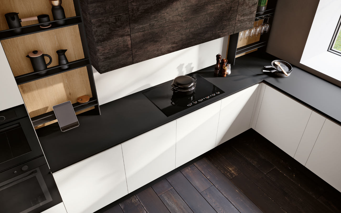 dm0684 Cucina con penisola in PET vista alto piano cottura
