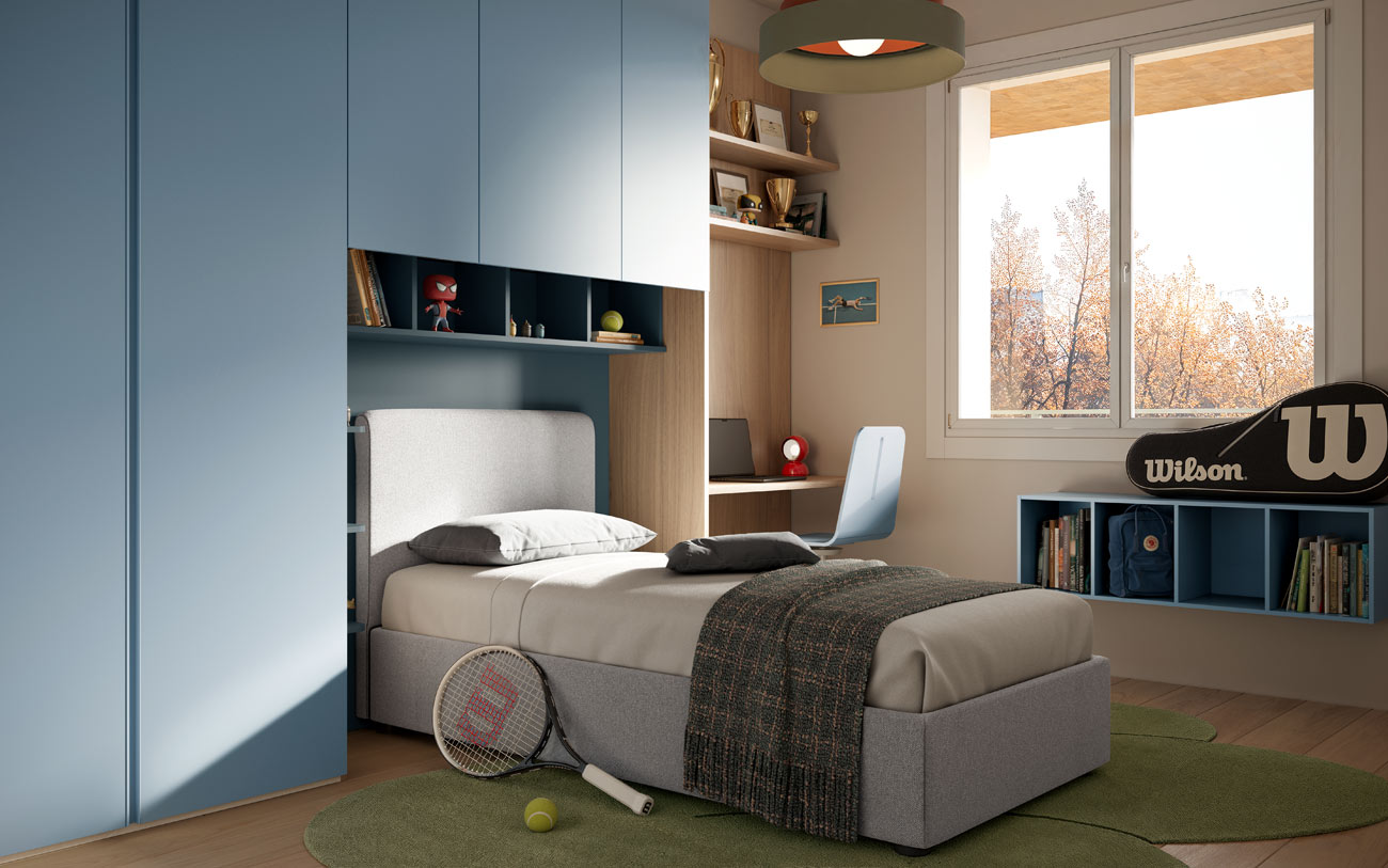 Immagine cameretta a ponte Azzurro polvere e Noce biondo con letto singolo Pensarecasa