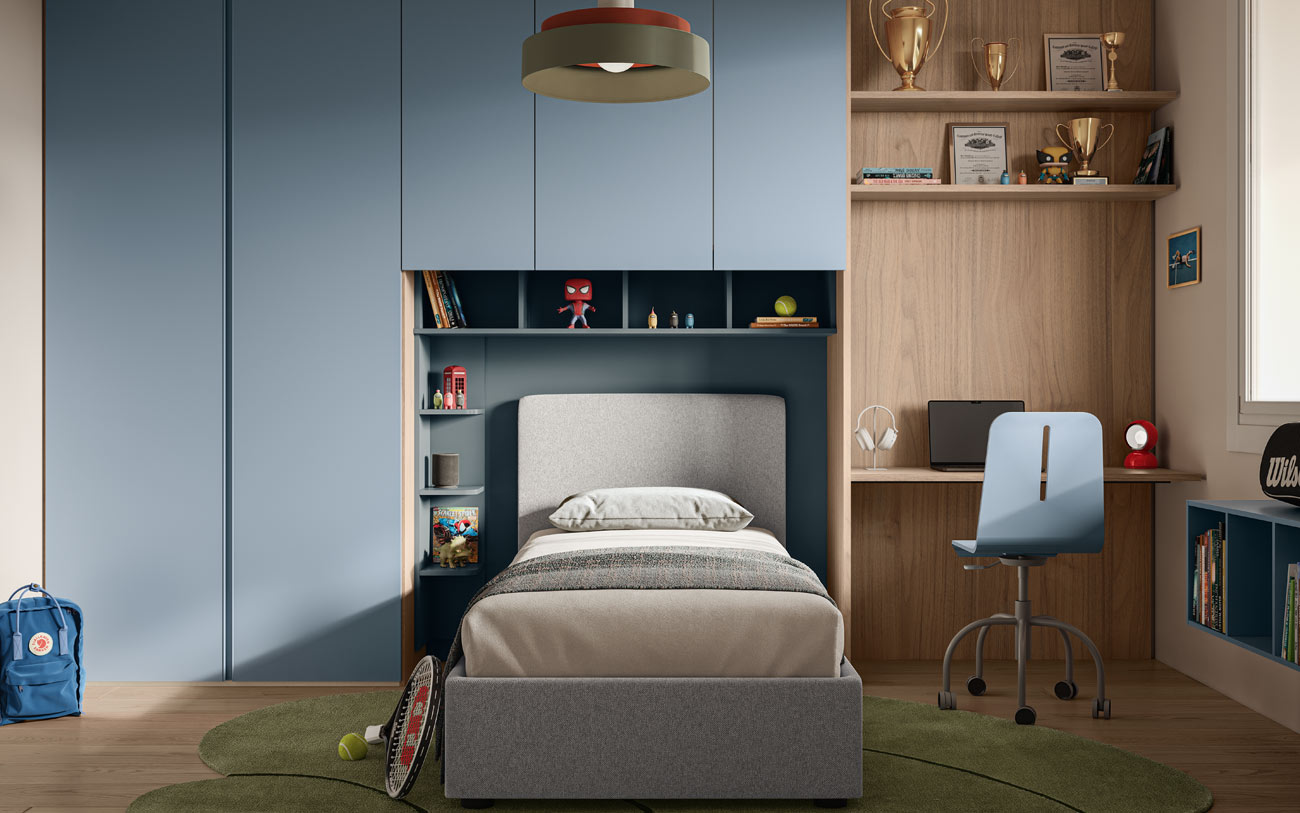 Immagine cameretta a ponte con letto singolo imbottito con contenitore Pensarecasa
