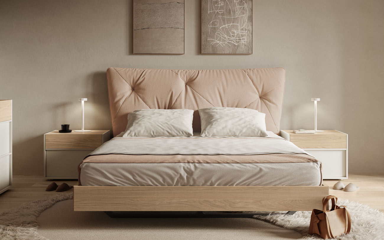 Immagine letto matrimoniale Dione mixed in tessuto e essenza Noce biondo Pensarecasa