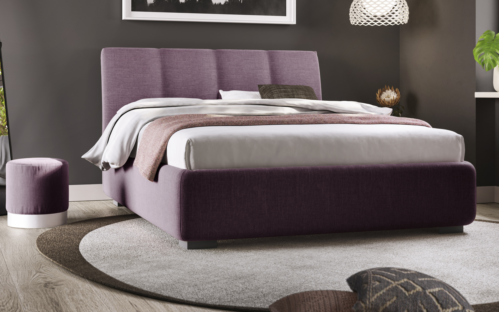 Era letto imbottito con contenitore in tessuto Prugna Pensarecasa
