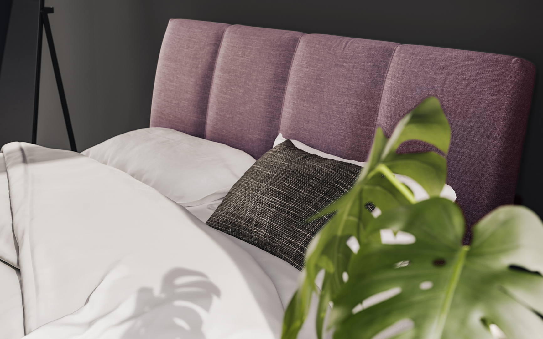 Immagine testiera letto imbottito con contenitore in tessuto Prugna Pensarecasa