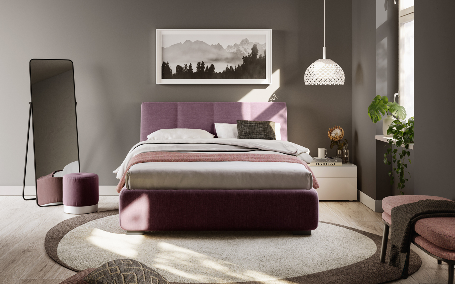 Era letto imbottito con contenitore in tessuto Prugna Pensarecasa