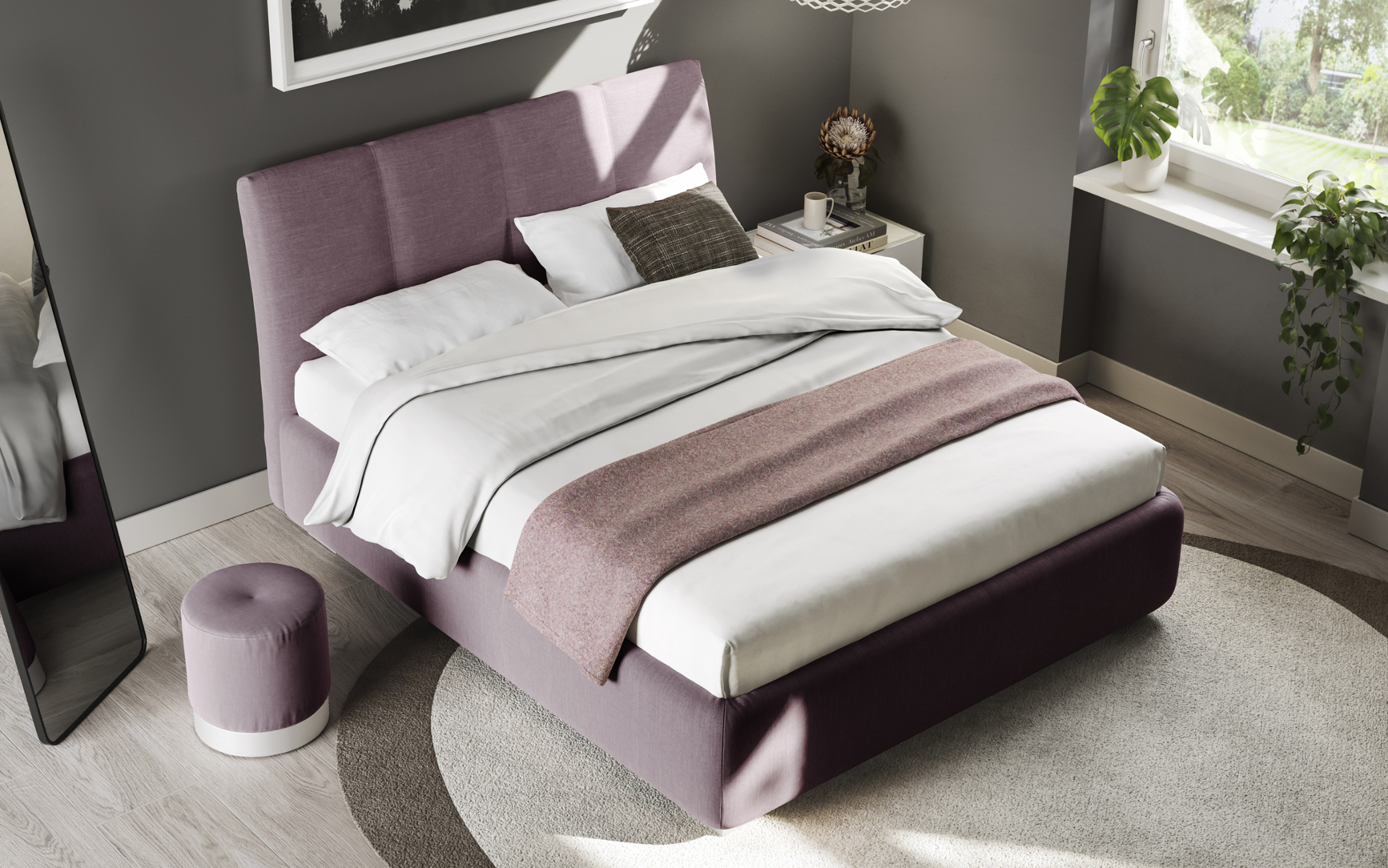 Vista dall'alto Era letto imbottito con contenitore in tessuto Prugna Pensarecasa