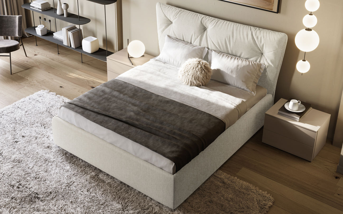 Letto matrimoniale imbottito Dione tessuto ghiaccio