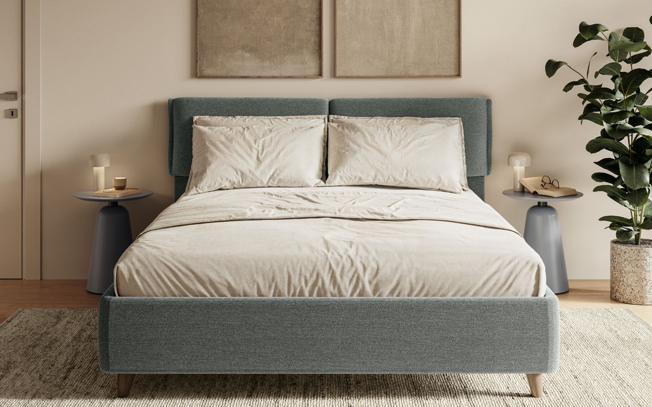 Immagine letto in tessuto Nora con contenitore Pensarecasa