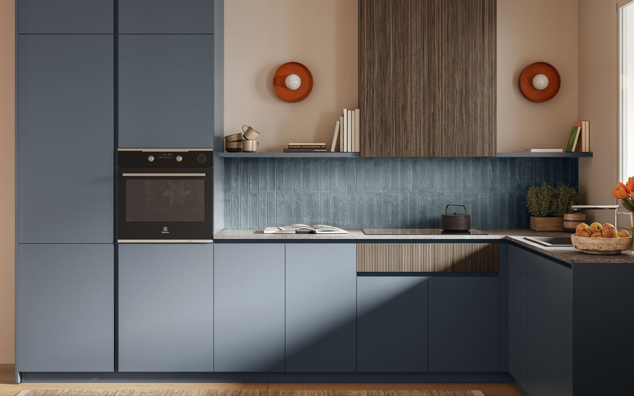 Immagine frontale Cucina angolare in PET Blu avio con pensile e cassetto in Noce caffè Pensarecasa