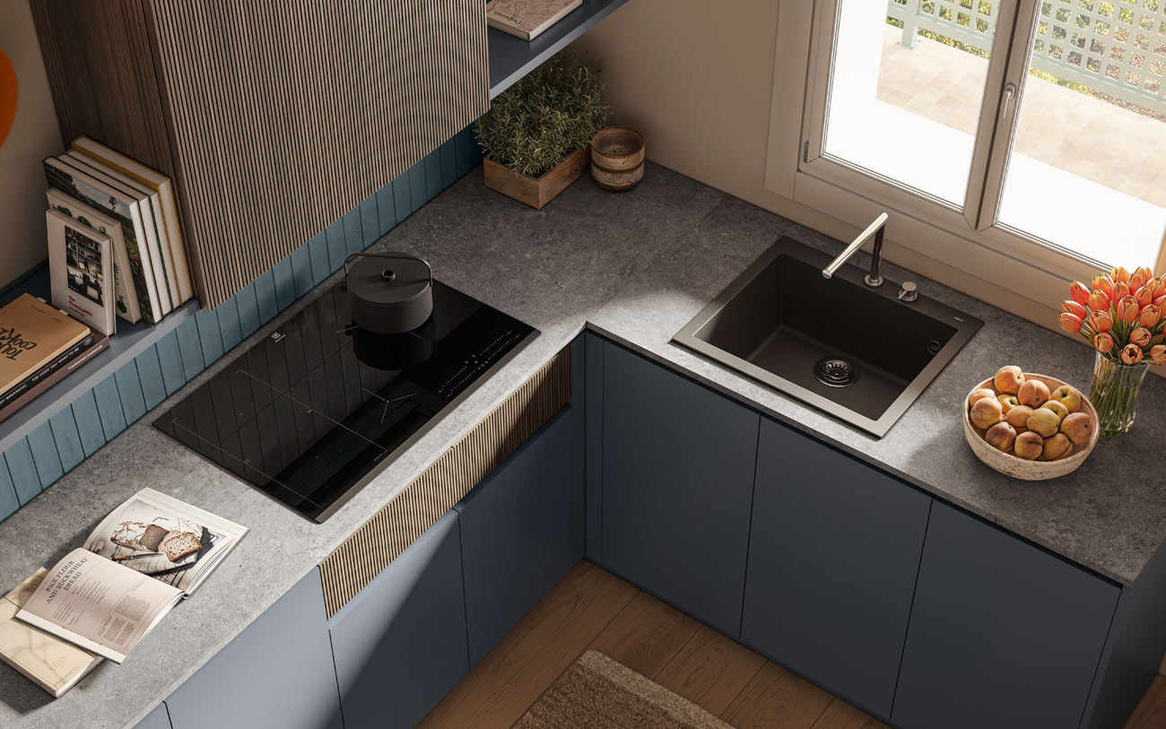 Immagine dall'alto Cucina angolare in PET Blu avio e piano in HPL Artemis Pensarecasa