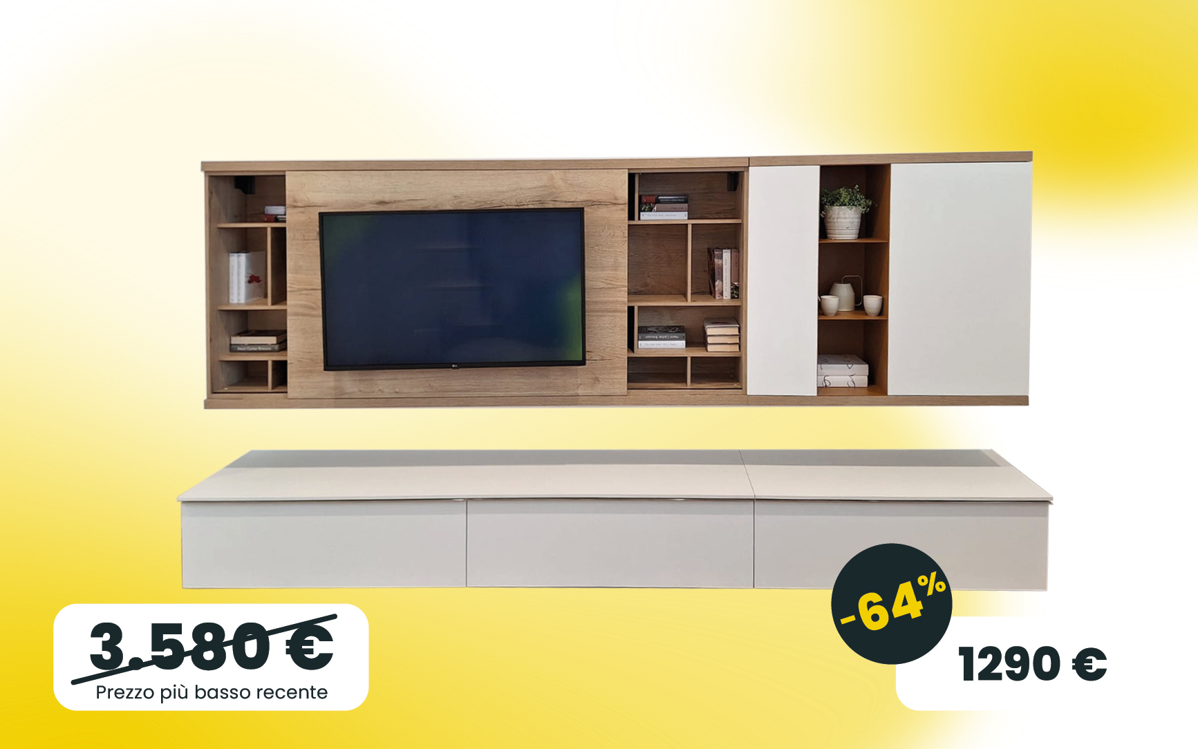 Soggiorno sospeso con porta TV scorrevole e basi contenitive occasioni Piacenza
