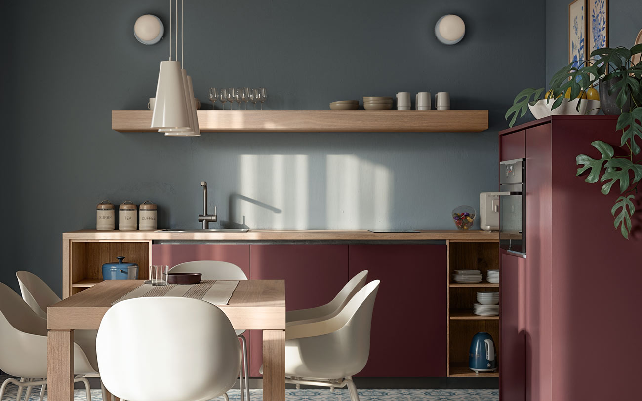 Immagine particolare cucina con vista su tavolo in Noce biondo con sedie