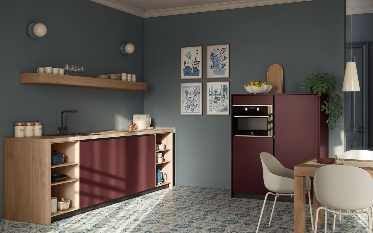 Immagine cucina condivisa b&b con parte lineare e colonne in Prugna e Noce biondo Pensarecasa