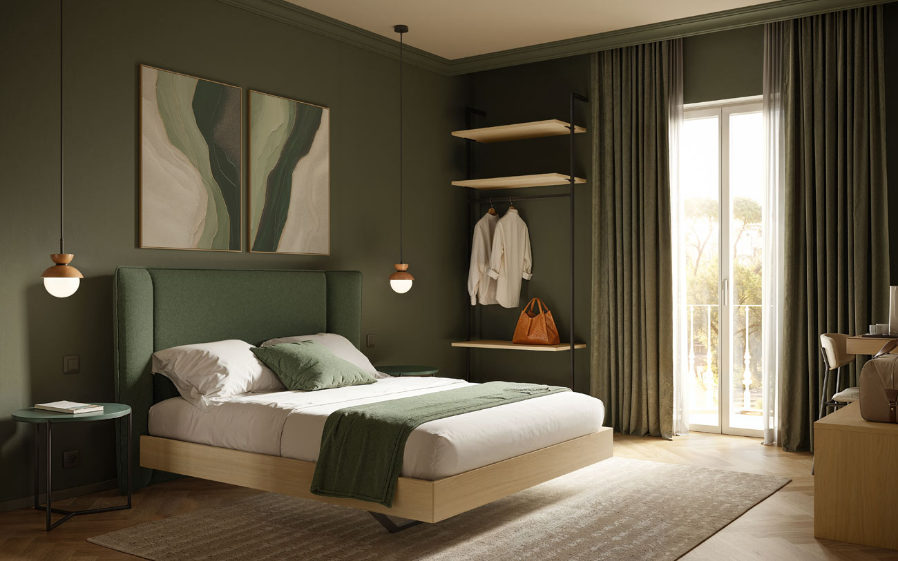 Immagine camera delux con letto di design in legno Rovere nordico e testiera verde in tessuto