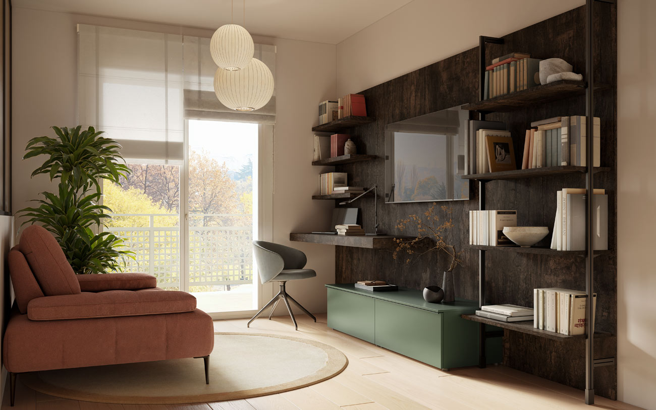 Immagine soggiorno multifunzionale con home office per casa piccola in Oliva e Legno bruciato Pensarecasa