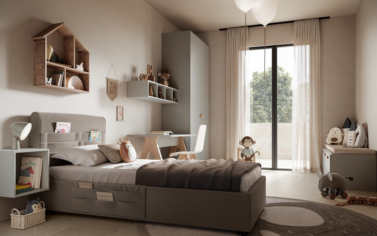 Cameretta baby con armadio battente, angolo studio e letto contenitore nelle tonalità del Grigio seta Pensarecasa