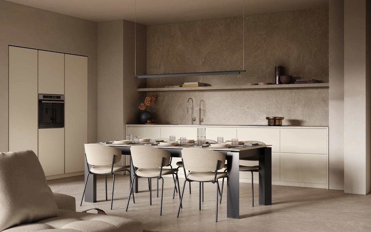 Cucina minimale laccata Bianco latte composta da parte lineare e zona colonne con elettrodomestici con tavolo da cucina Gate di Connubia Pensarecasa