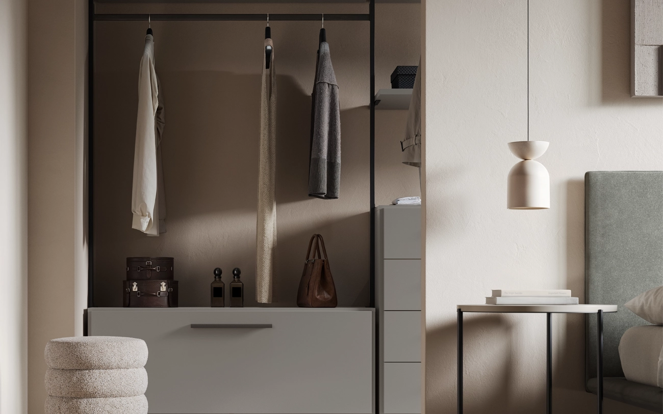 Immagine con particolare cabina armadio cassettoni e cesti Pensarecasa