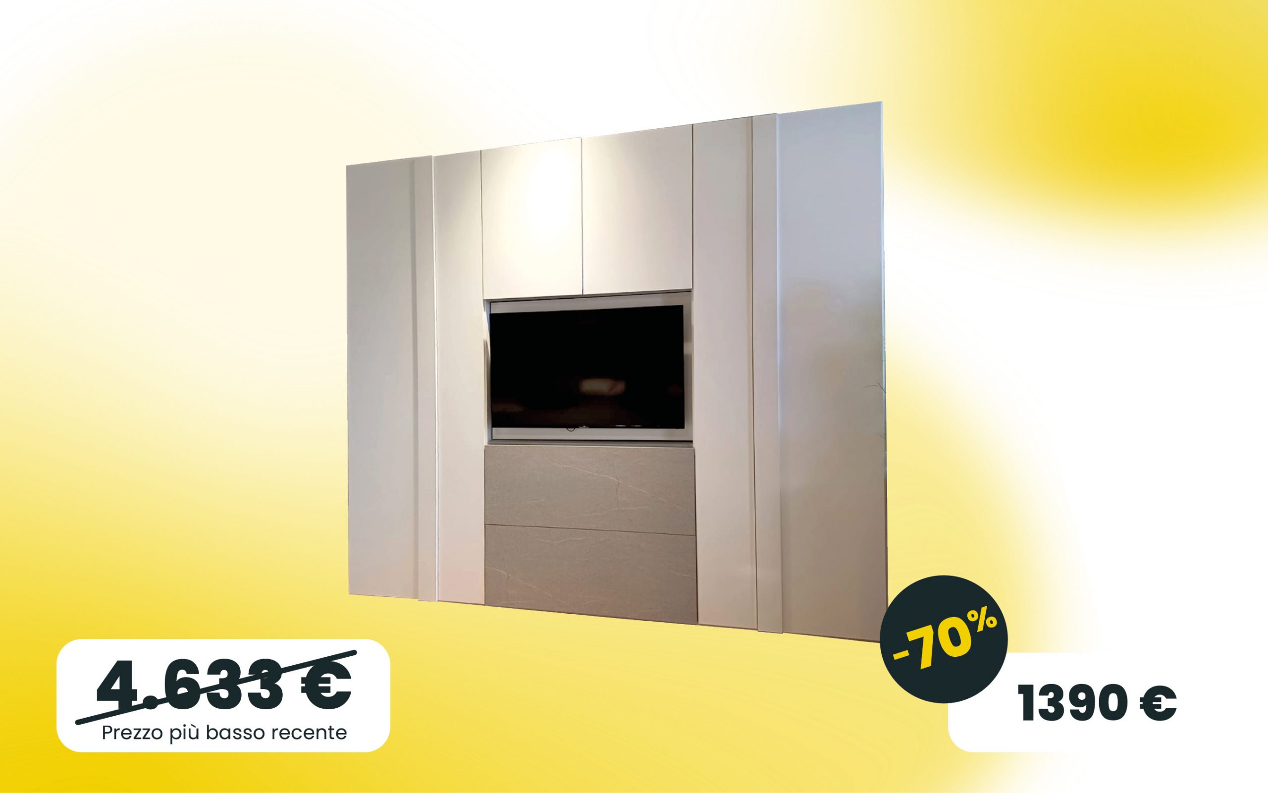 Immagine Armadio battente con porta TV con ante laccate bianco e cassettoni in Graniglia chiara