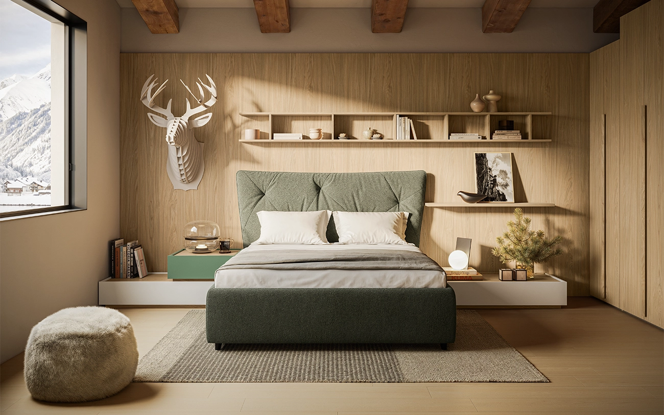 Camera matrimoniale casa di montagna immagine con vista frontale su letto e boiserie con mensole