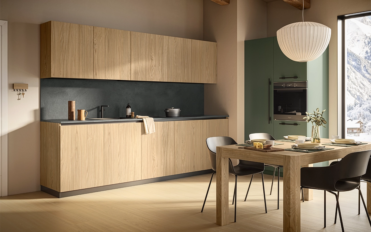 Cucina due lati casa di montagna in essenza Rovere nordico e laccato Oliva