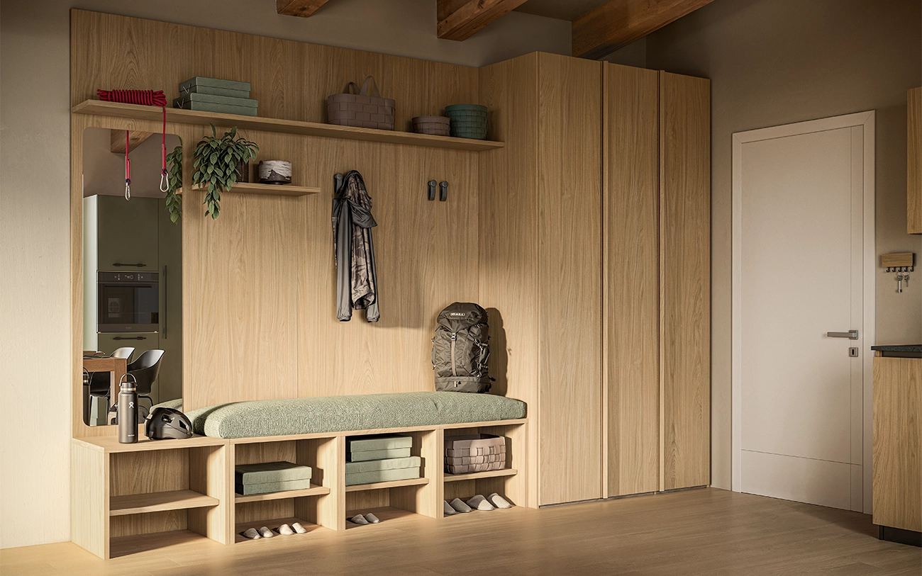 Immagine armadio guardaroba per ingresso con boiserie , specchio e porta scarpe in Rovere nordico