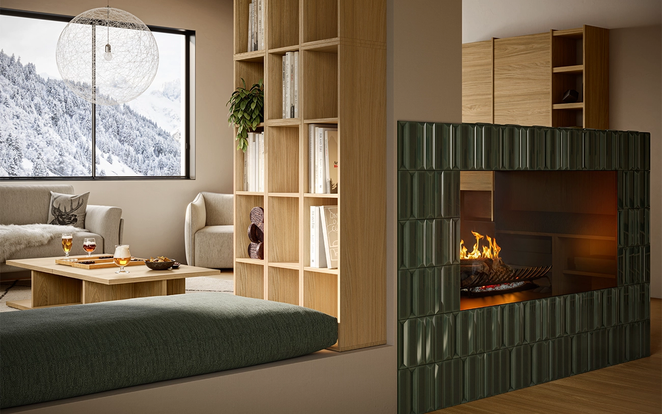Zona relax casa di montagna con libreria e caminetto