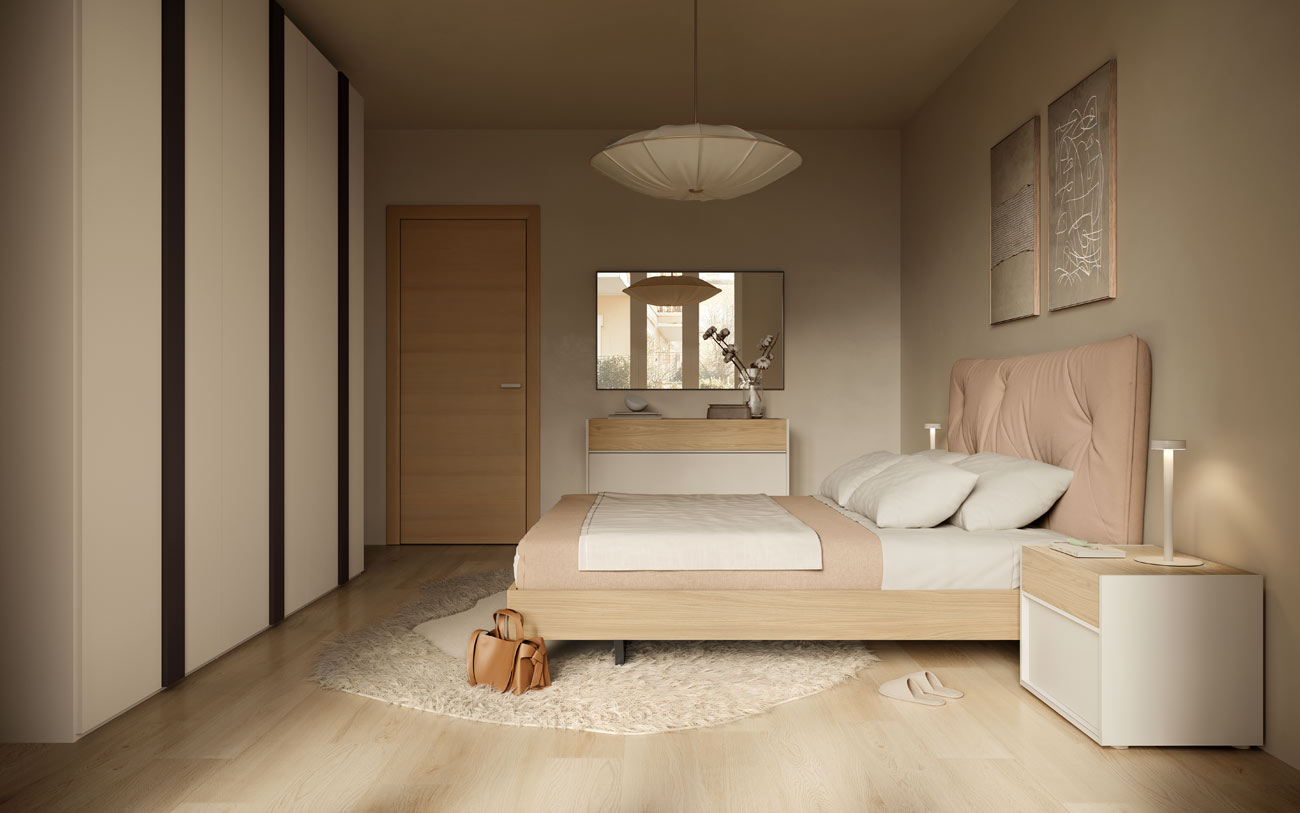 Camera da letto matrimoniale con armadio in orzo, testiera letto beige e giroletto in rovere nordico