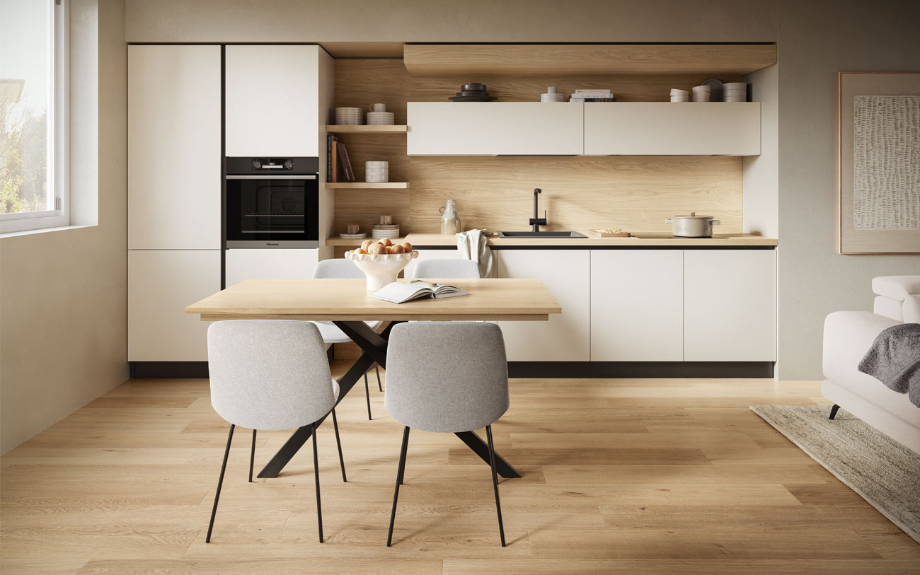 Vista frontale cucina lineare in Orzo con piano e schienale in Noce biondo
