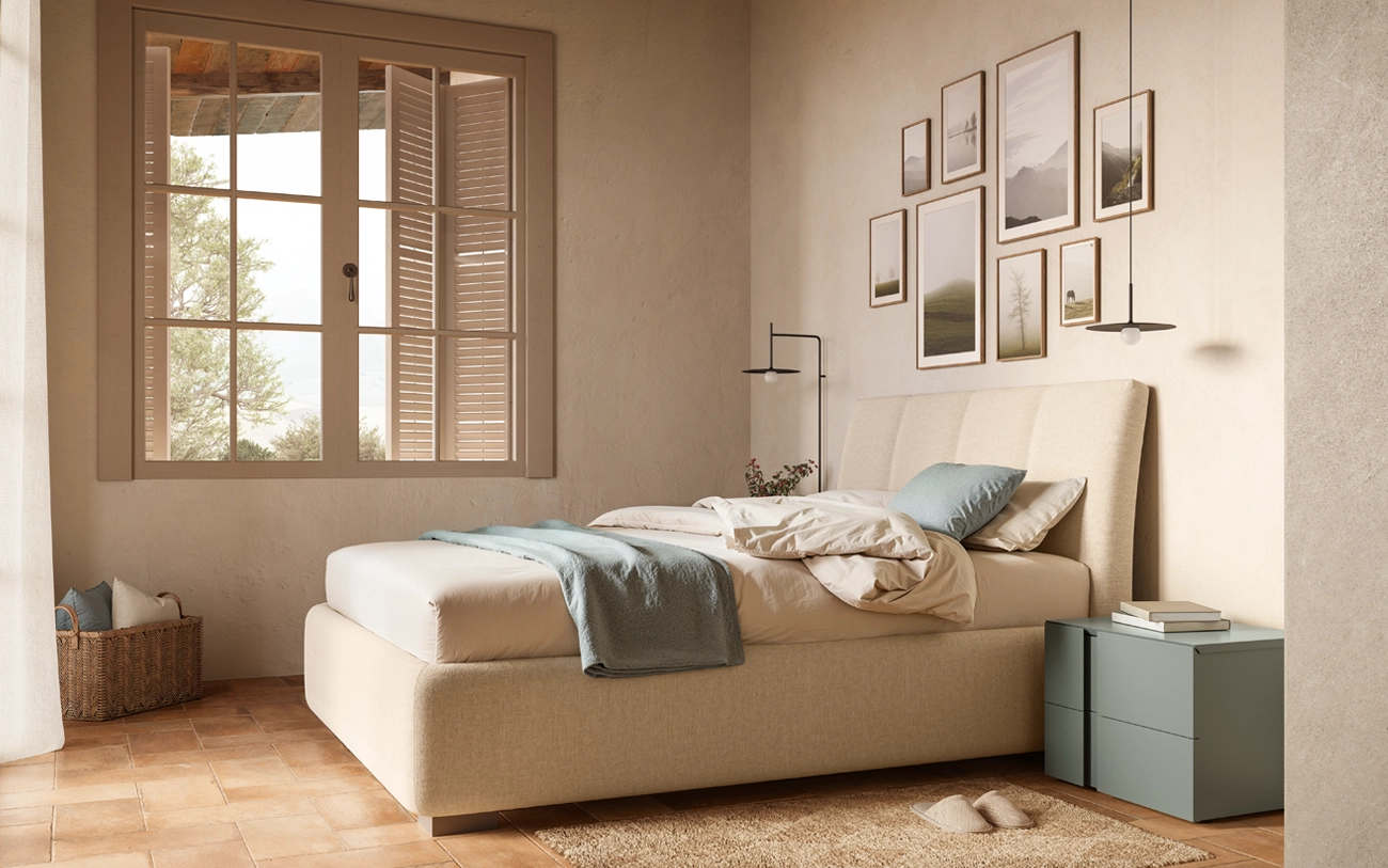 Letto Era con contenitore in tessuto Aida Ghiaccio e comodini Zen laccati Timo