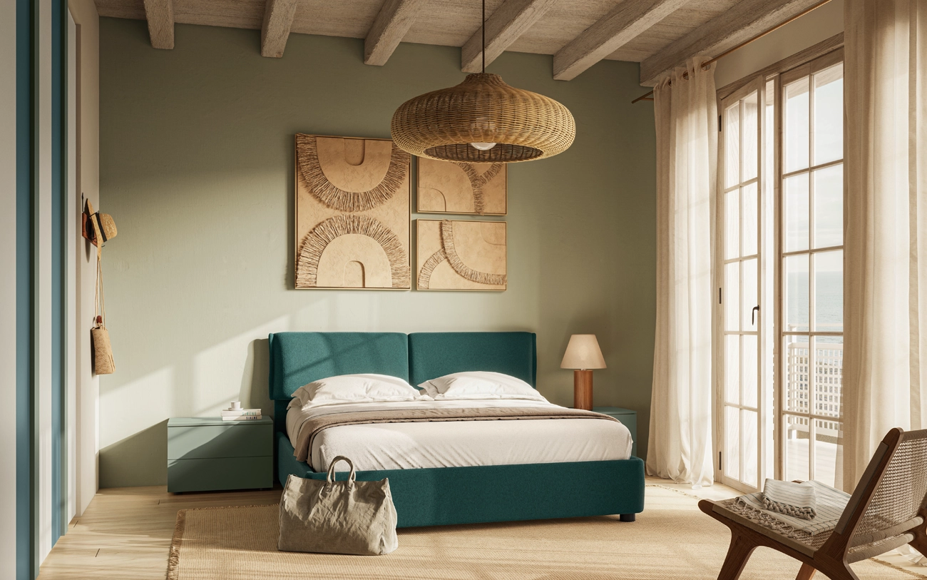 Immagine con letto matrimoniale contenitore in tessuto Petrolio