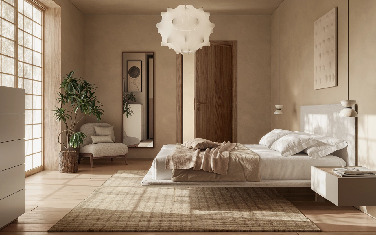 Camera matrimoniale spirito Japandi con letto matrimoniale piedi in plexiglass in tessuto Aida lino chiaro