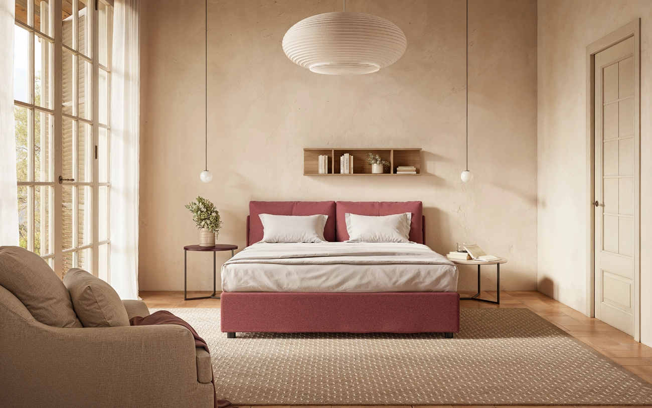 Letto matrimoniale Lift con contenitore e rivestito in tessuto Marsala in Casale rinnovato