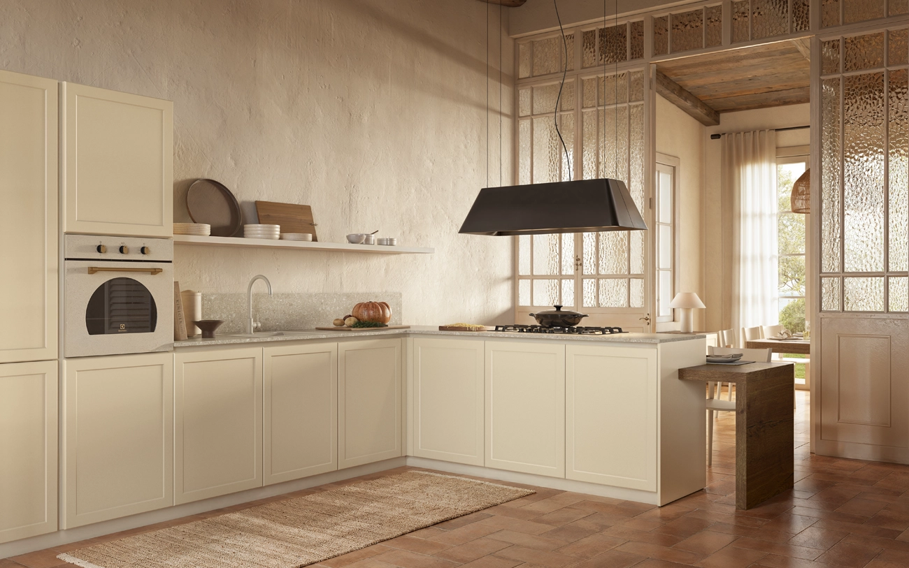 Cucina con penisola e ante a telaio in PET Magnolia vista laterale