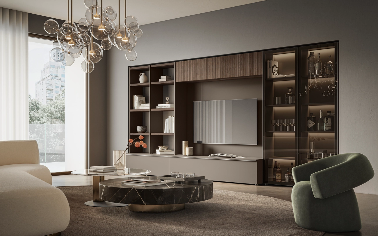 Immagine laterale parete attrezzata elegante con libreria e vetrine in Grigio cenere