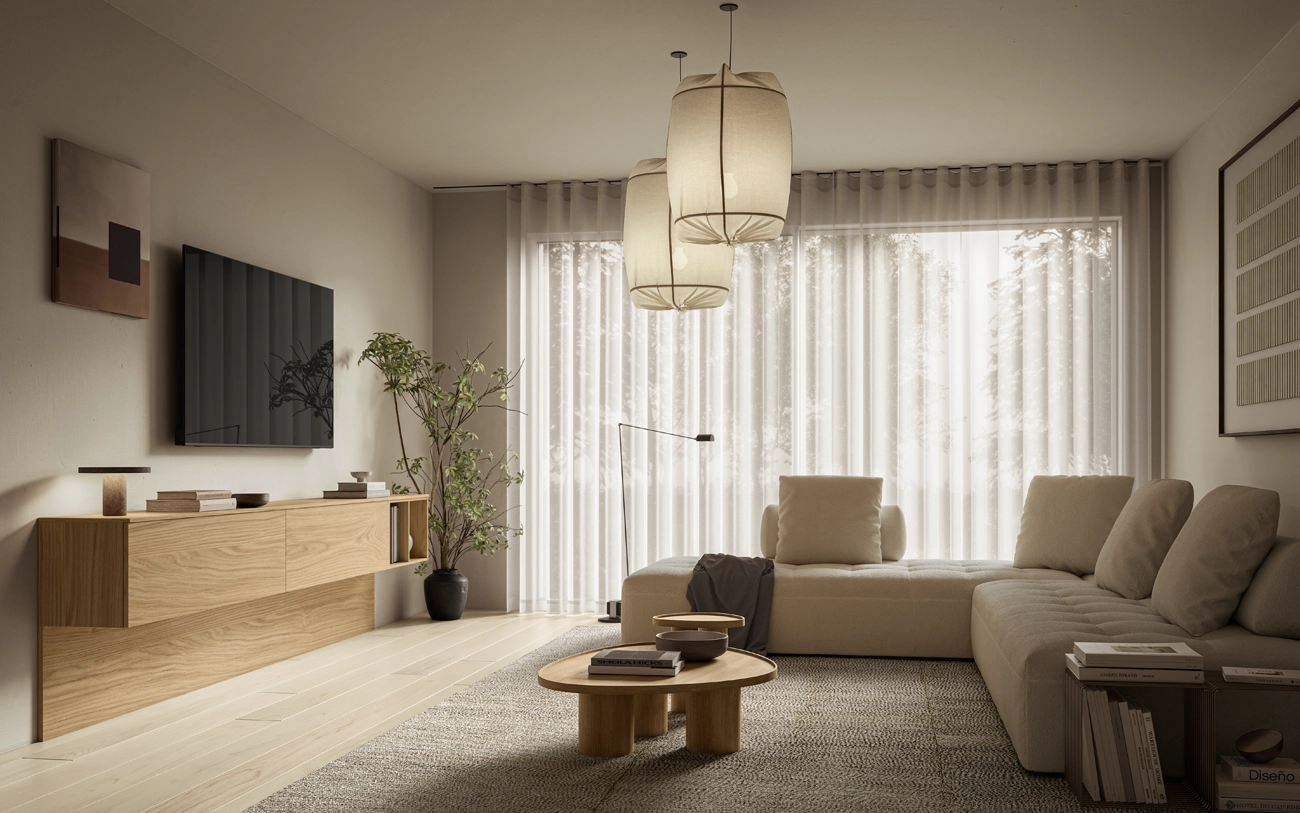 Vista laterale Soggiorno minimale stile nordico con basi basi sospese in Rovere nordico