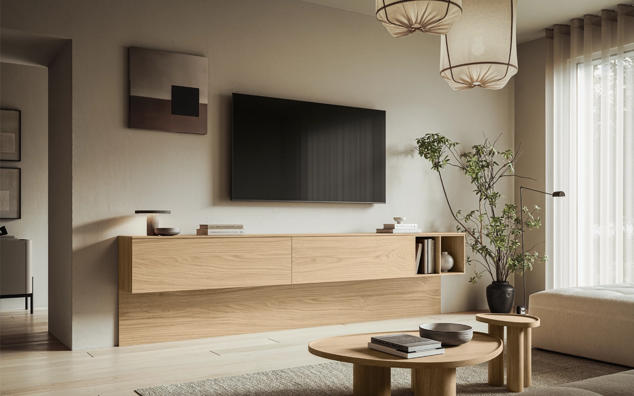 Soggiorno minimale stile nordico con basi basi sospese in Rovere nordico