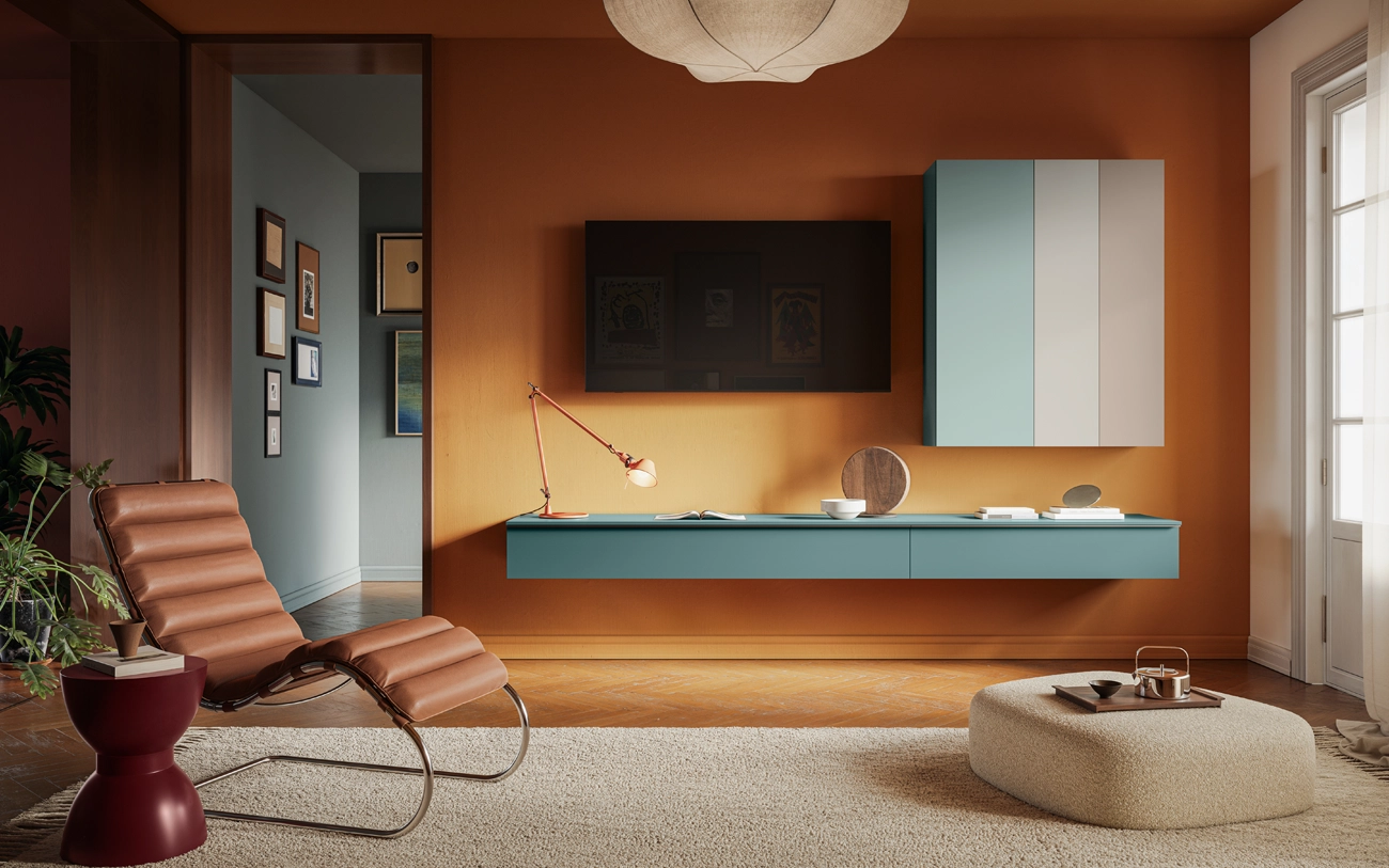 Parete sospesa stile eclettico pensili in tre colori e basi in Salvia