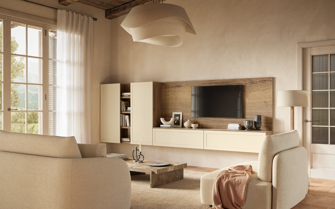 Vista frontale soggiorno sospeso ambientato in cu casale rinnovato in Rovere tabacco e ante in PET Magnolia