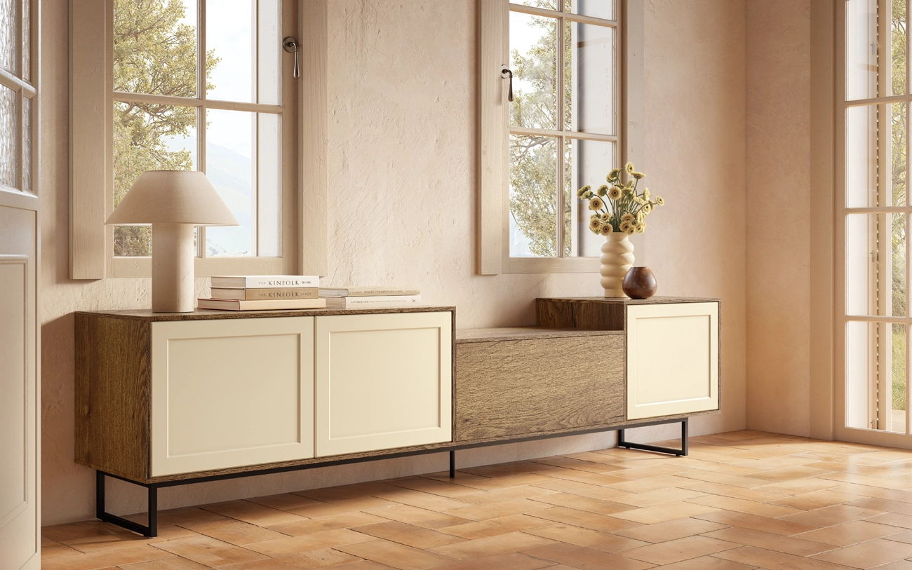 Madia componibile in Rovere tabacco con ante in PET Magnolia