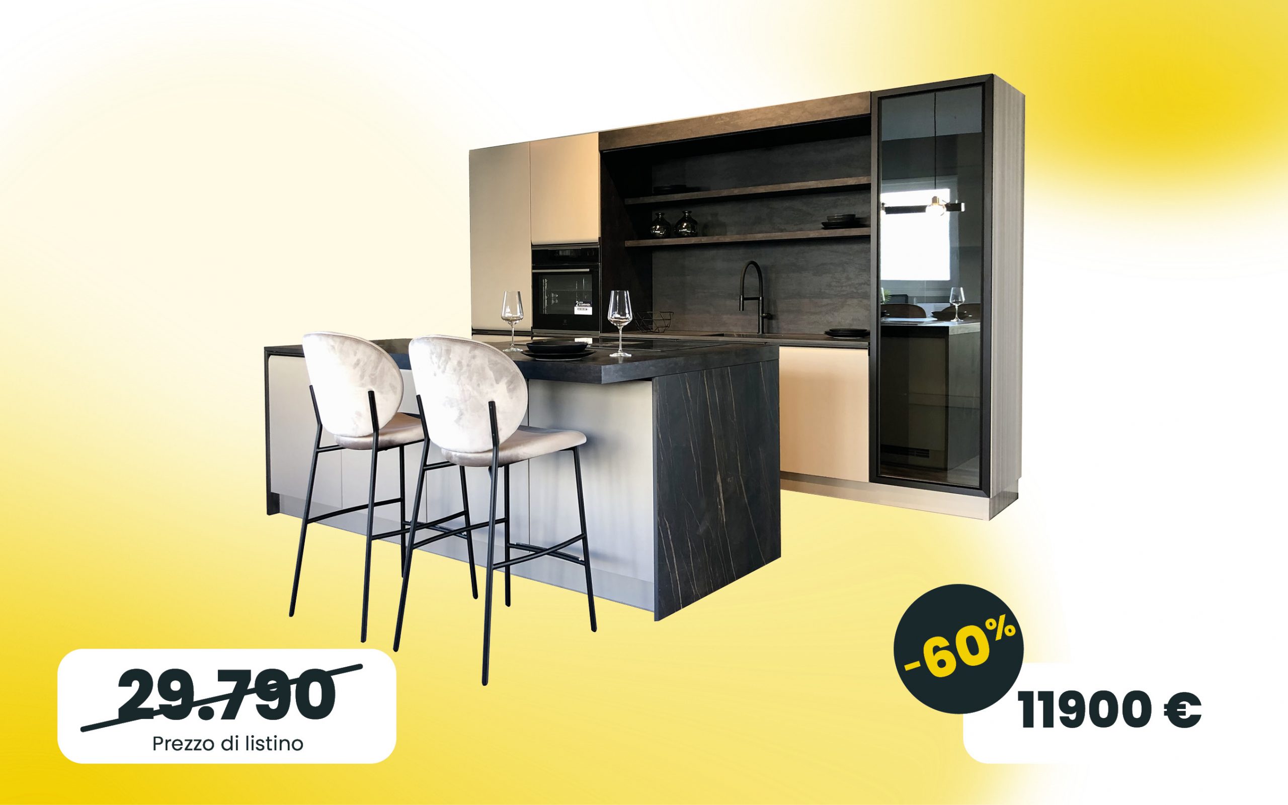 Cucina con isola con basi in PET con sgabelli compresi