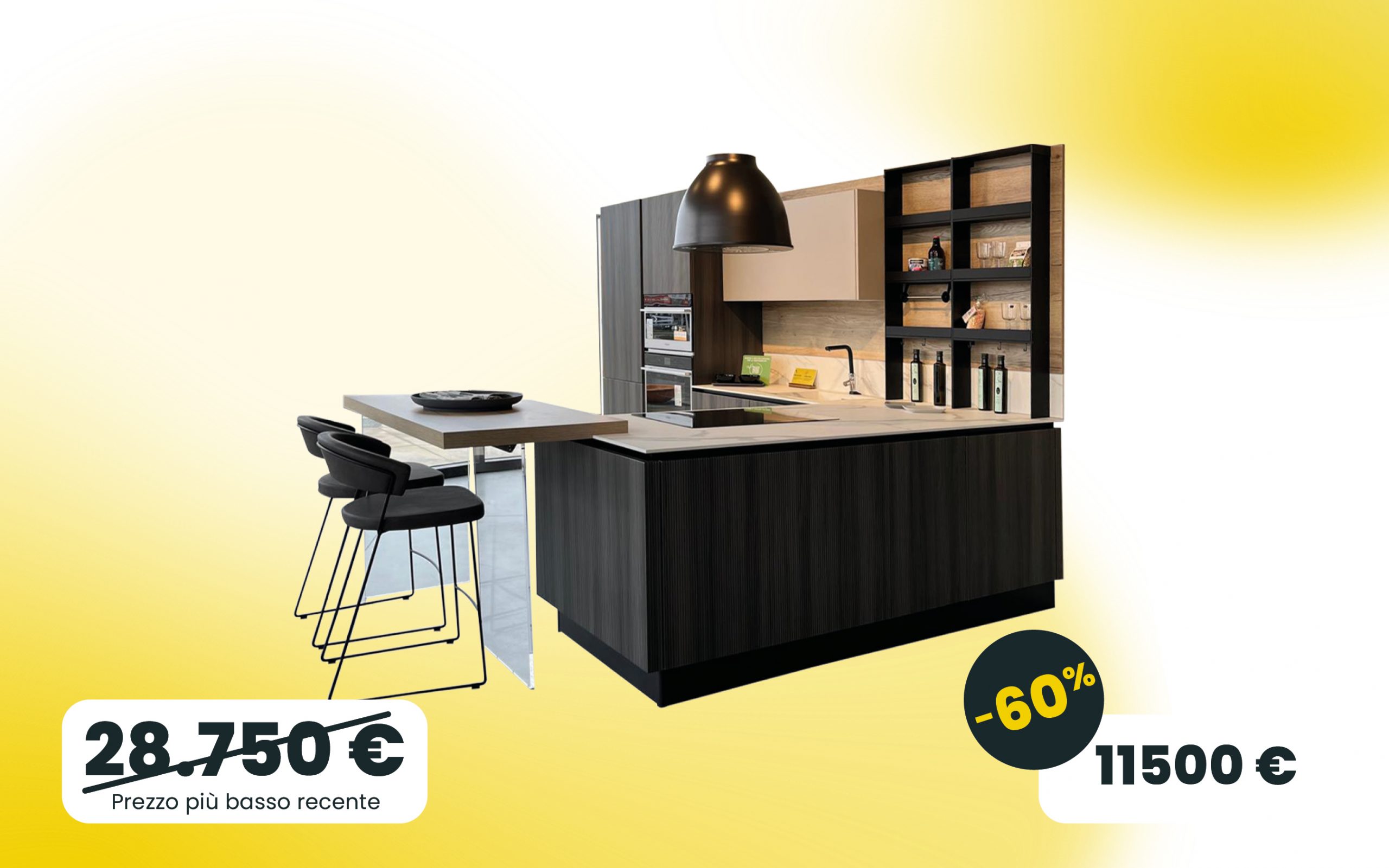 Cucina con penisola e piano snack con anta cannettata 3D in noce scuro