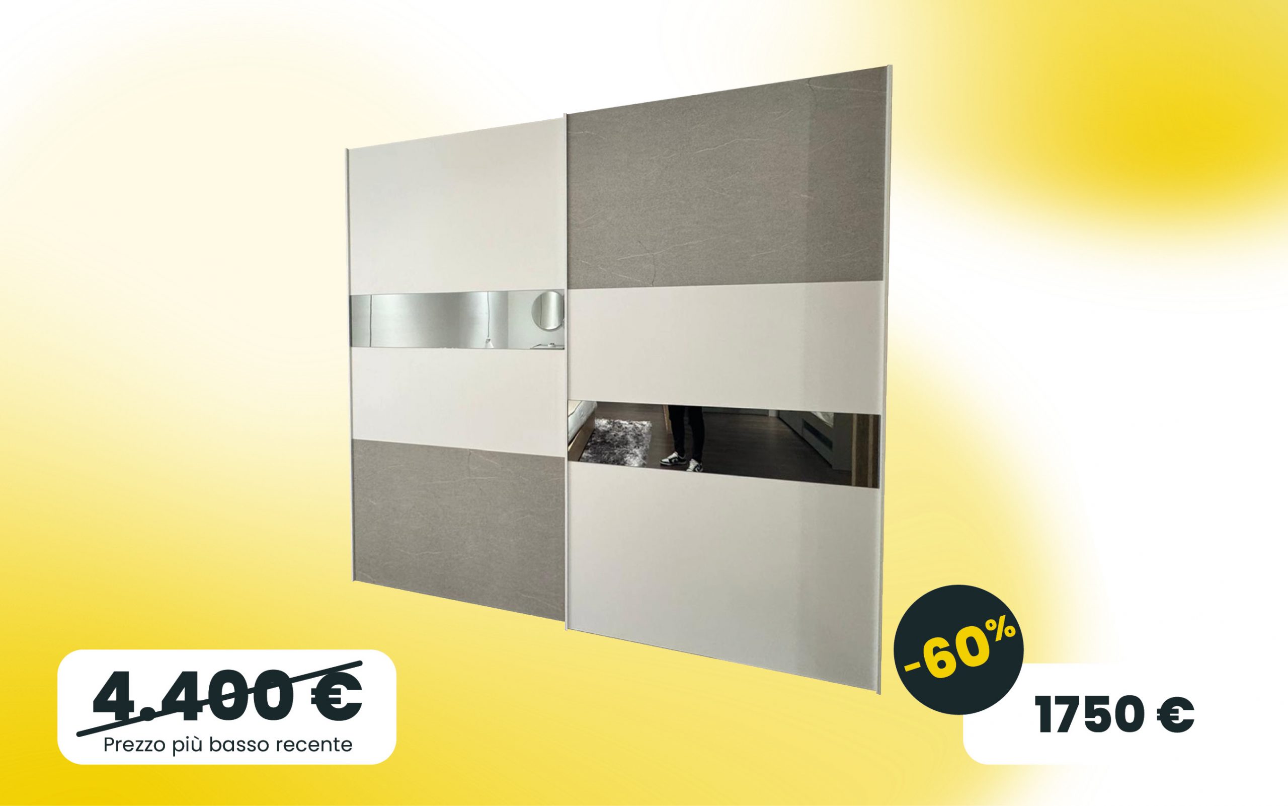 Armadio scorrevole due ante Bianco con inserti in Graniglia chiara e specchio fumé