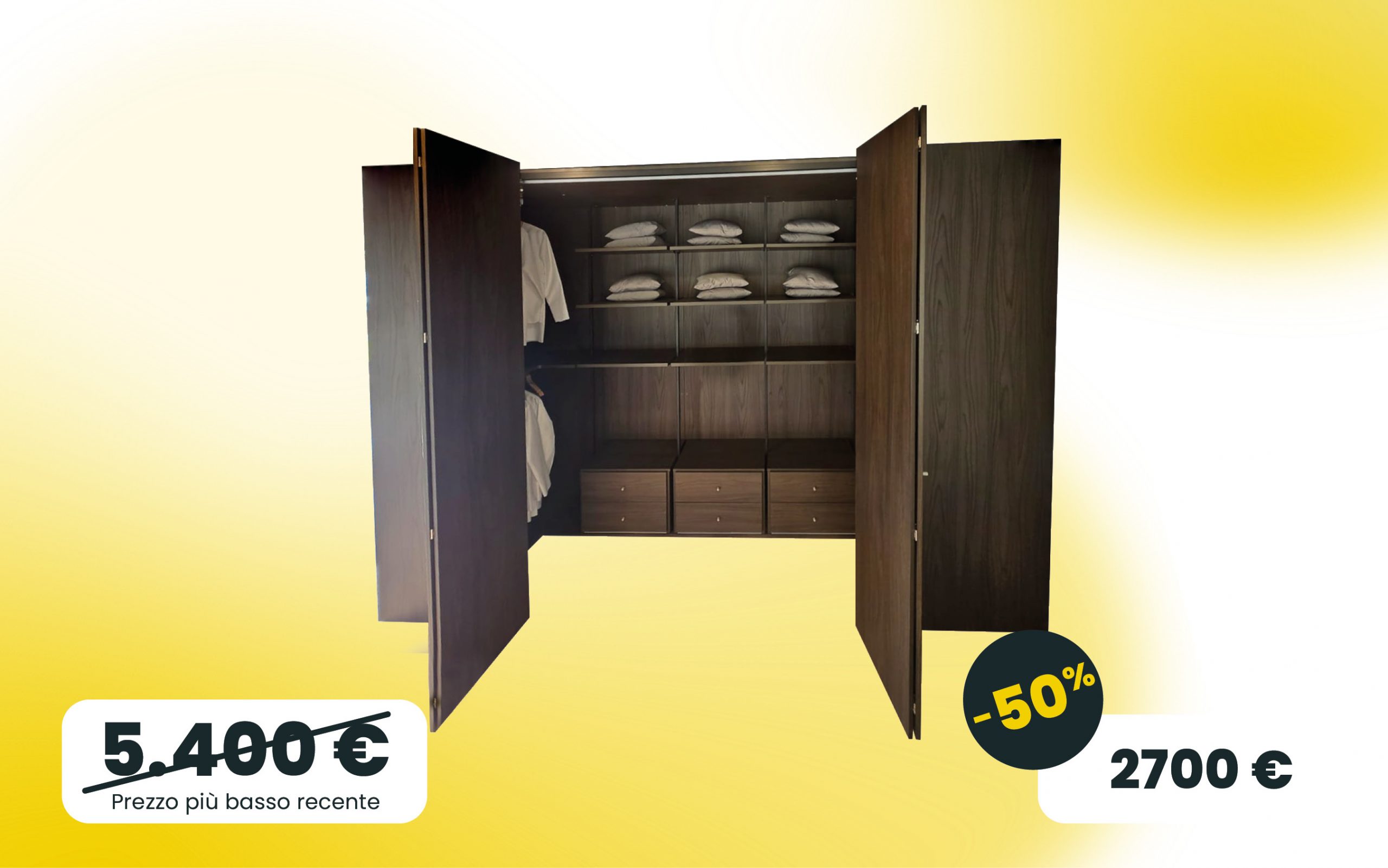 Cabina armadio con ante a libro in noce moro con cassetti interni e ripiani