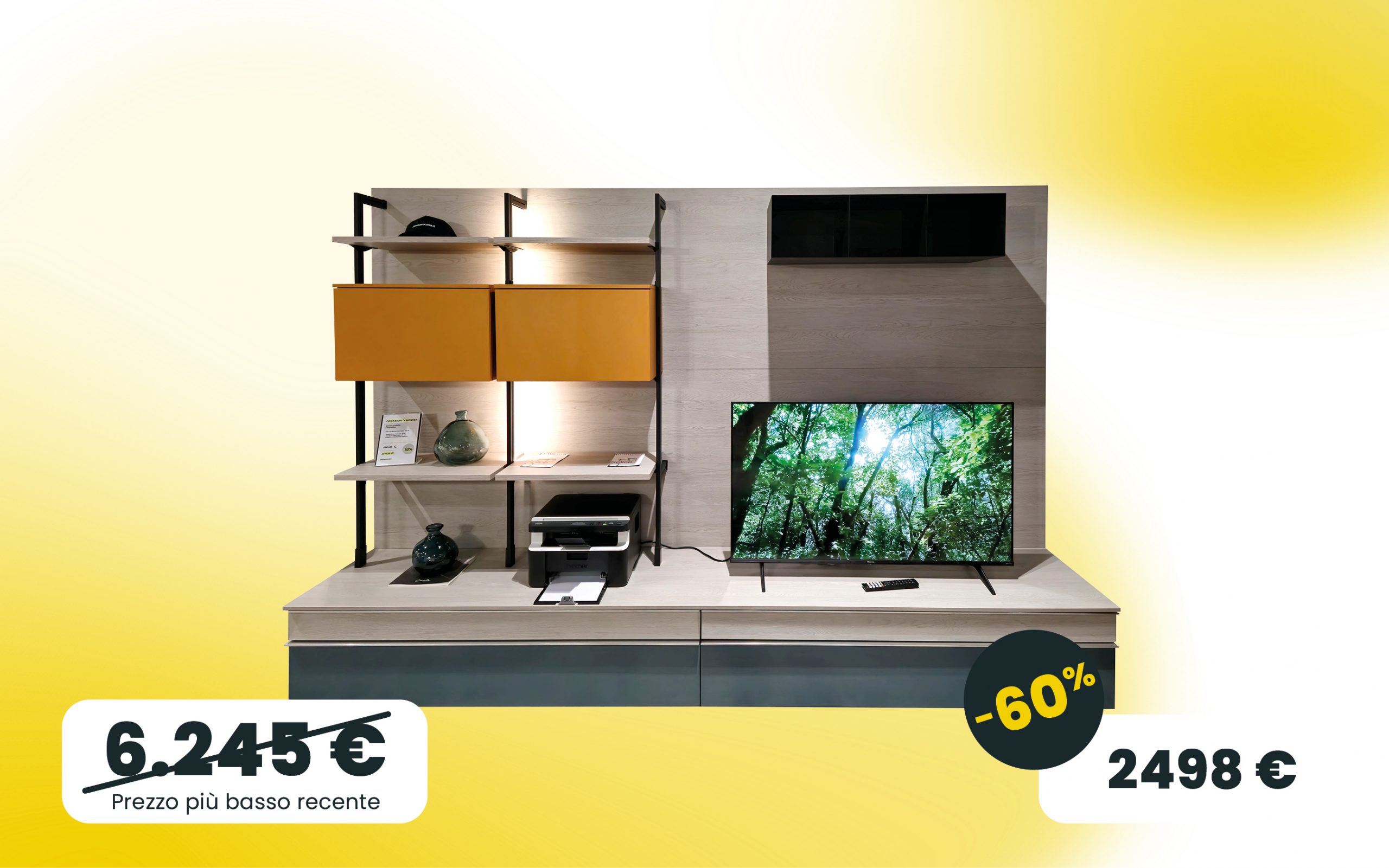 Parete attrezzata in Rovere gessato, laccato Oceano, laccato Ocra